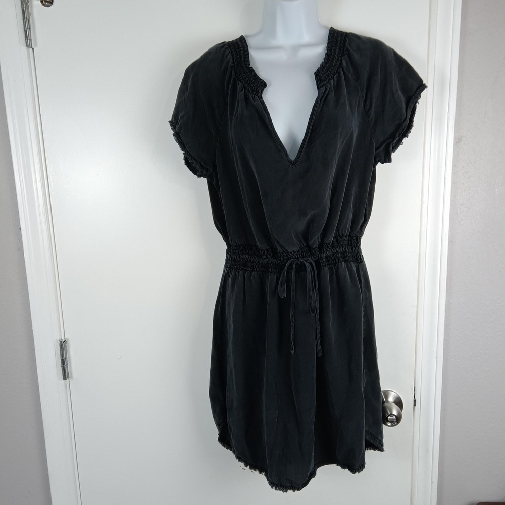 Bella Dahl Dress Womens Small Black Tencel Short Sleeve Smocked Waist Boho Mini